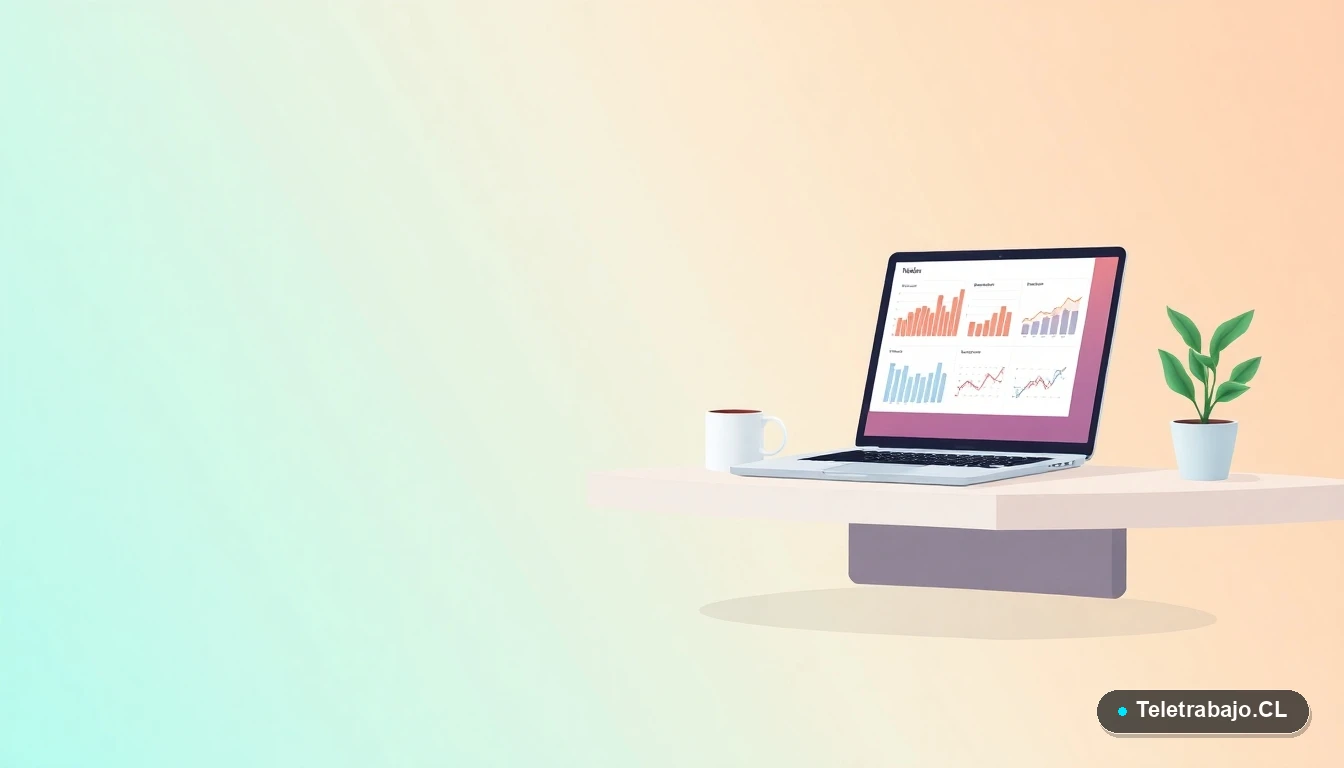 Escritorio moderno minimalista con laptop mostrando gráficos, taza y planta, concepto de herramientas digitales para gestión de clientes.