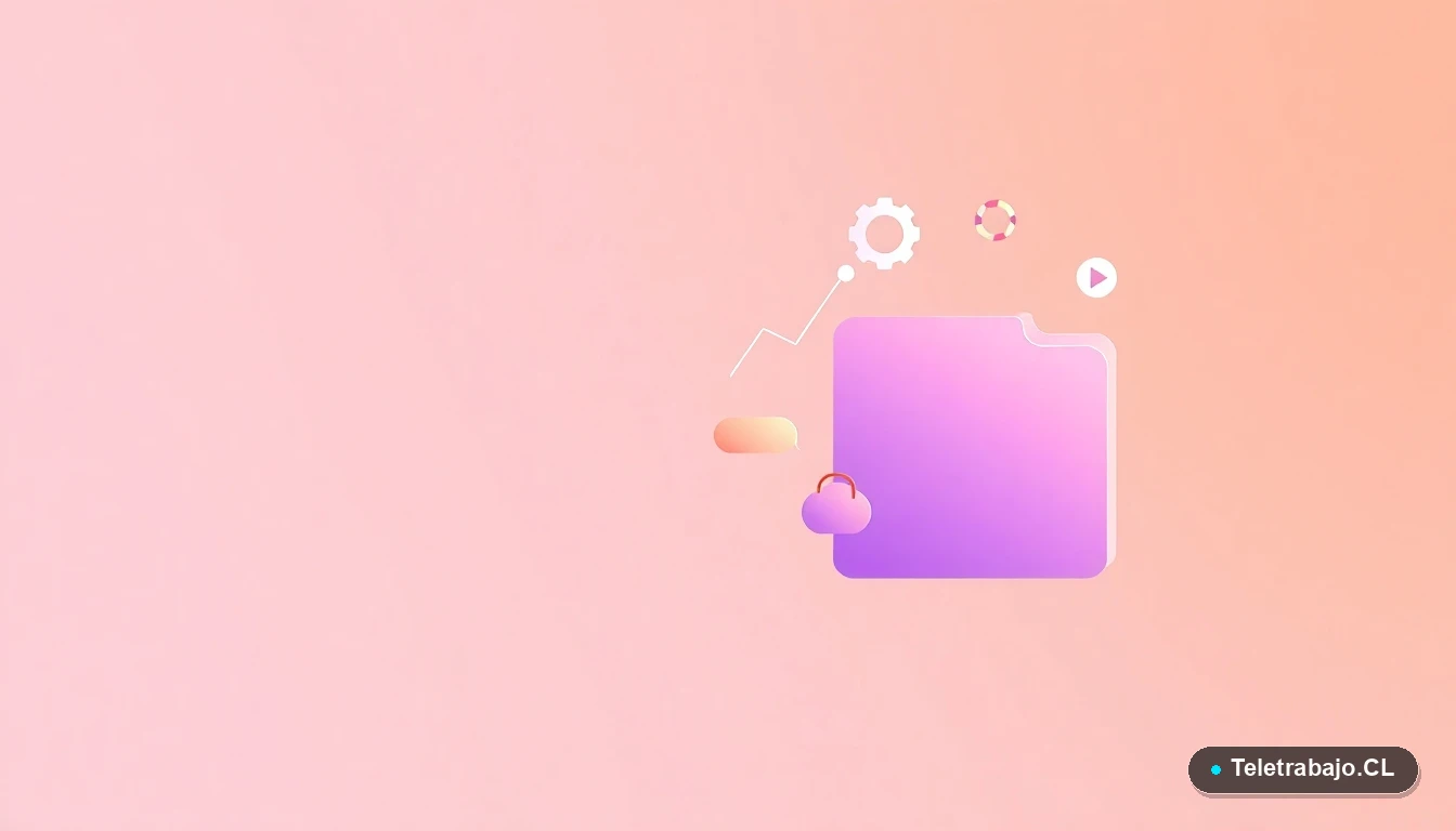 Composición abstracta de interfaz de usuario tecnológica con gráficos, engranajes y carpetas flotantes en tonos lavanda y durazno, sobre fondo degradado claro.