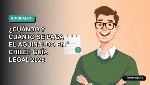 Ilustración plana corporativa de un trabajador remoto feliz junto a un calendario y un sobre de pago, sobre fondo degradado azul verdoso.