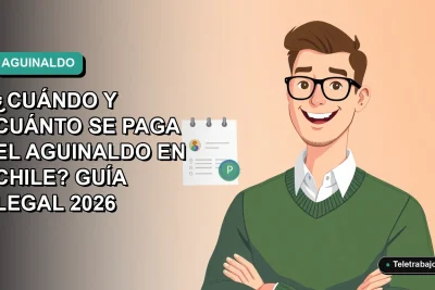 Ilustración plana corporativa de un trabajador remoto feliz junto a un calendario y un sobre de pago, sobre fondo degradado azul verdoso.
