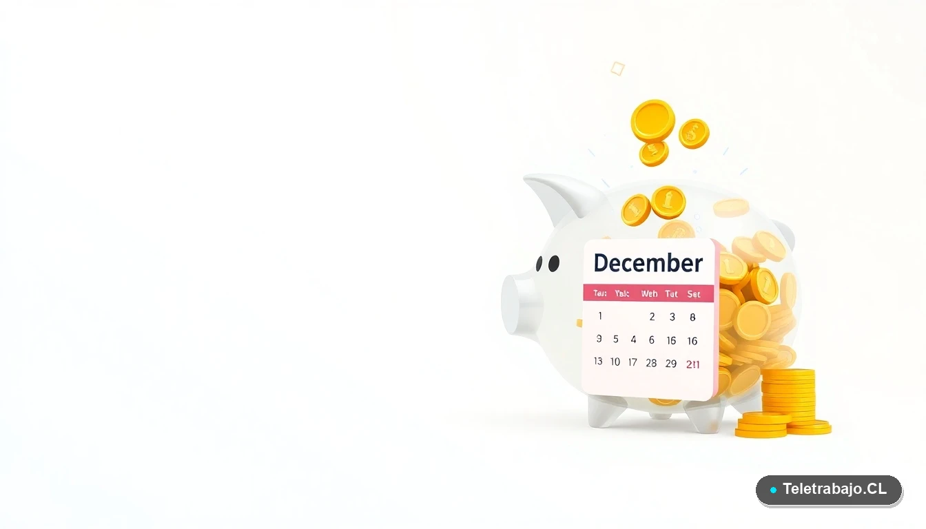 Ilustración vectorial de un alcancía transparente con monedas y un calendario de diciembre, representando el ahorro y la fecha de pago del aguinaldo.