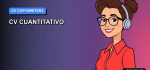 Ilustración vectorial plana de estilo premium para blog, mostrando a una copywriter chilena sonriente con un fondo azul degradado, representando la cuantificación de logros profesionales.