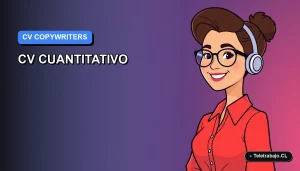 Ilustración vectorial plana de estilo premium para blog, mostrando a una copywriter chilena sonriente con un fondo azul degradado, representando la cuantificación de logros profesionales.