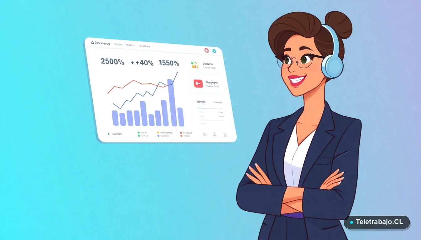 Mujer profesional copywriter analizando métricas de éxito cuantificadas en una pantalla digital