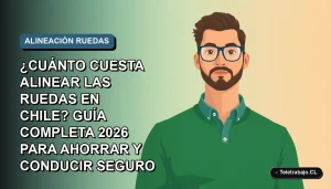 Ilustración vectorial plana de un trabajador remoto masculino con suéter verde, sobre fondo degradado azul, representando el servicio de alineación de ruedas en Chile.