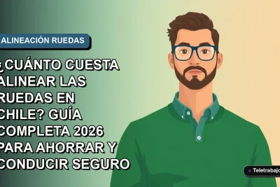Ilustración vectorial plana de un trabajador remoto masculino con suéter verde, sobre fondo degradado azul, representando el servicio de alineación de ruedas en Chile.