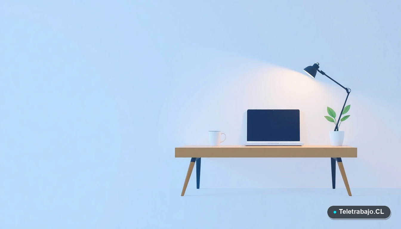 Escritorio moderno minimalista con laptop, taza de café y planta, sobre fondo degradado frío, concepto de guía digital para alineación de neumáticos.