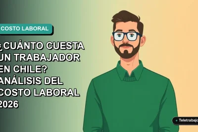 Ilustración vectorial plana de un trabajador masculino de tecnología con suéter verde, sobre fondo degradado azul verdoso. Espacio negativo a la izquierda.