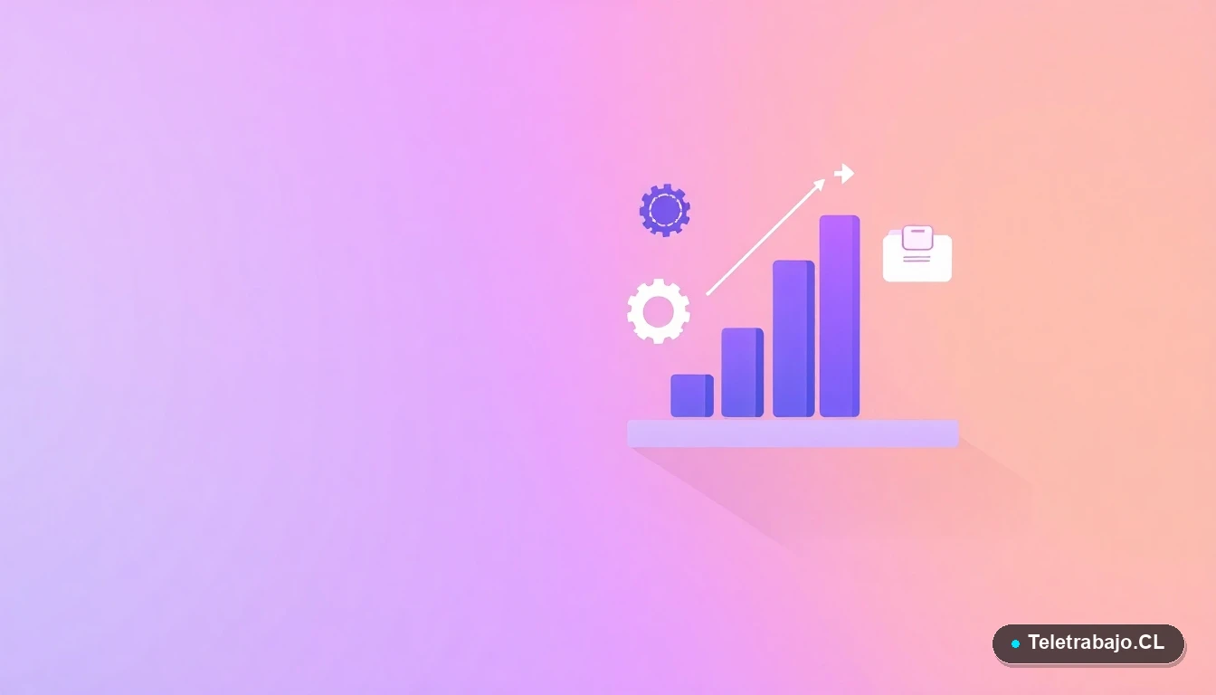 Composición abstracta de interfaz de usuario con gráficos, engranajes y carpetas flotantes, sobre fondo degradado lila, ilustración vectorial plana.