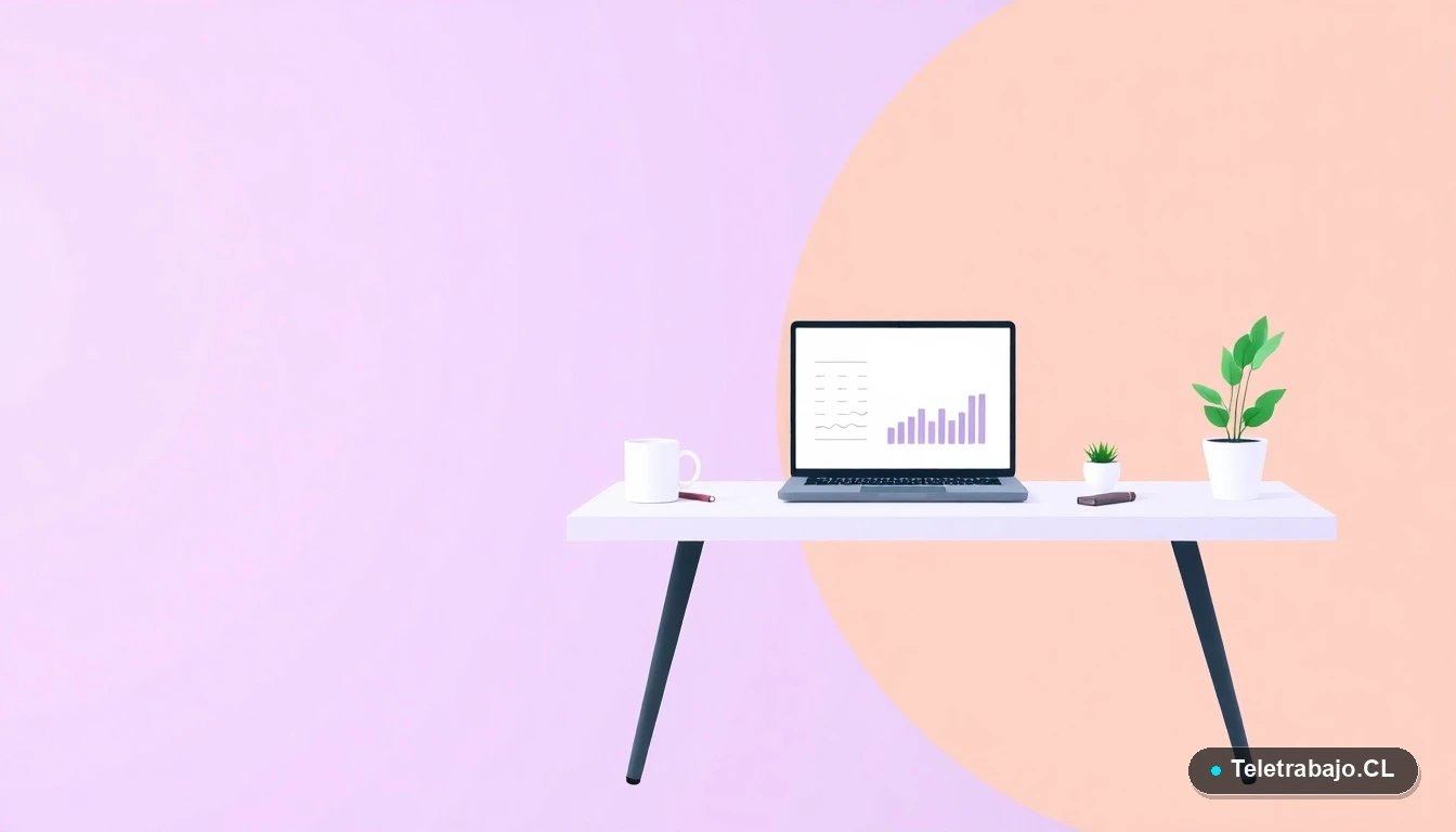 Escritorio moderno vacío con laptop, gráfico en pantalla, taza de café y planta suculenta, sobre fondo degradado lila y durazno. Concepto de espacio de trabajo y análisis de datos.