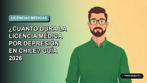 Ilustración plana vectorial de un trabajador masculino con licencia médica por depresión en Chile, fondo degradado azul verdoso.