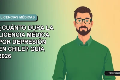 Ilustración plana vectorial de un trabajador masculino con licencia médica por depresión en Chile, fondo degradado azul verdoso.