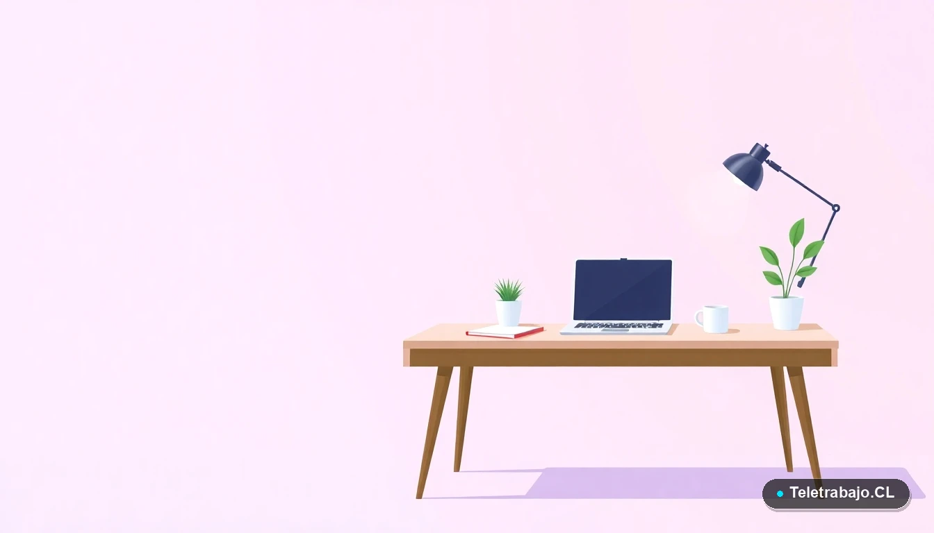 Escritorio moderno vacío con laptop y plantas, concepto de salud mental y teletrabajo en Chile, fondo degradado lila.