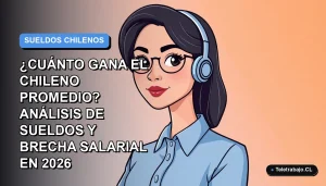 Ilustración vectorial plana de una trabajadora chilena de tecnología con blusa azul, mirando a la cámara, sobre fondo degradado azul y blanco. Espacio negativo a la izquierda.