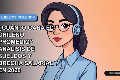 Ilustración vectorial plana de una trabajadora chilena de tecnología con blusa azul, mirando a la cámara, sobre fondo degradado azul y blanco. Espacio negativo a la izquierda.