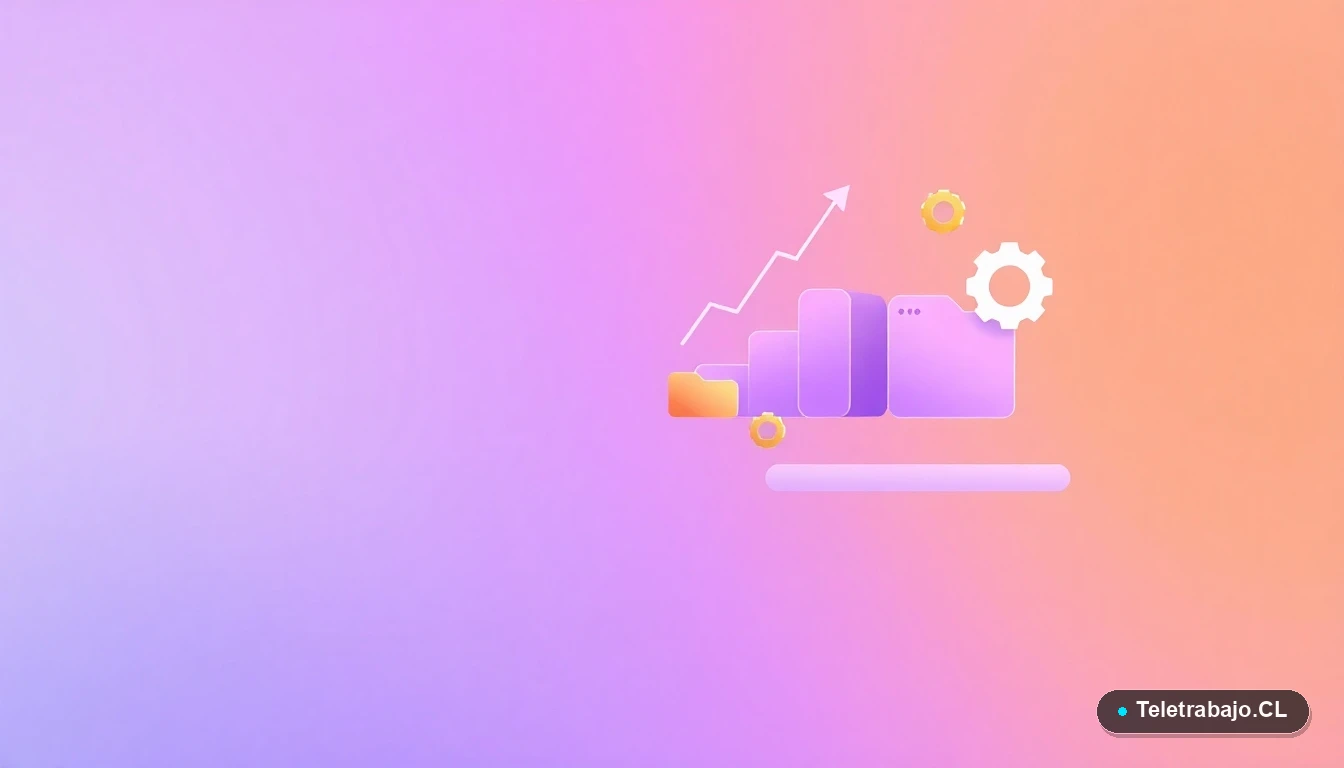 Composición abstracta de interfaz de usuario con gráficos flotantes, un engranaje y carpetas en colores lavanda y durazno, sobre fondo degradado de menta y verde azulado. Representación visual de datos y tecnología.