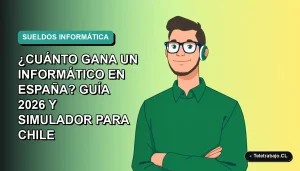 Ilustración vectorial plana de un trabajador remoto masculino de tecnología, con suéter verde, frente a un fondo degradado azul y verde. Representa salarios TI en España y Chile.