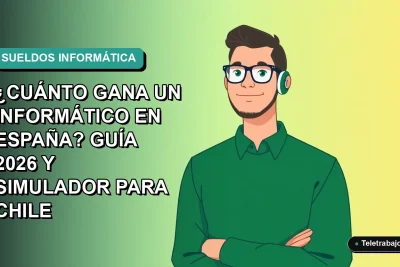 Ilustración vectorial plana de un trabajador remoto masculino de tecnología, con suéter verde, frente a un fondo degradado azul y verde. Representa salarios TI en España y Chile.