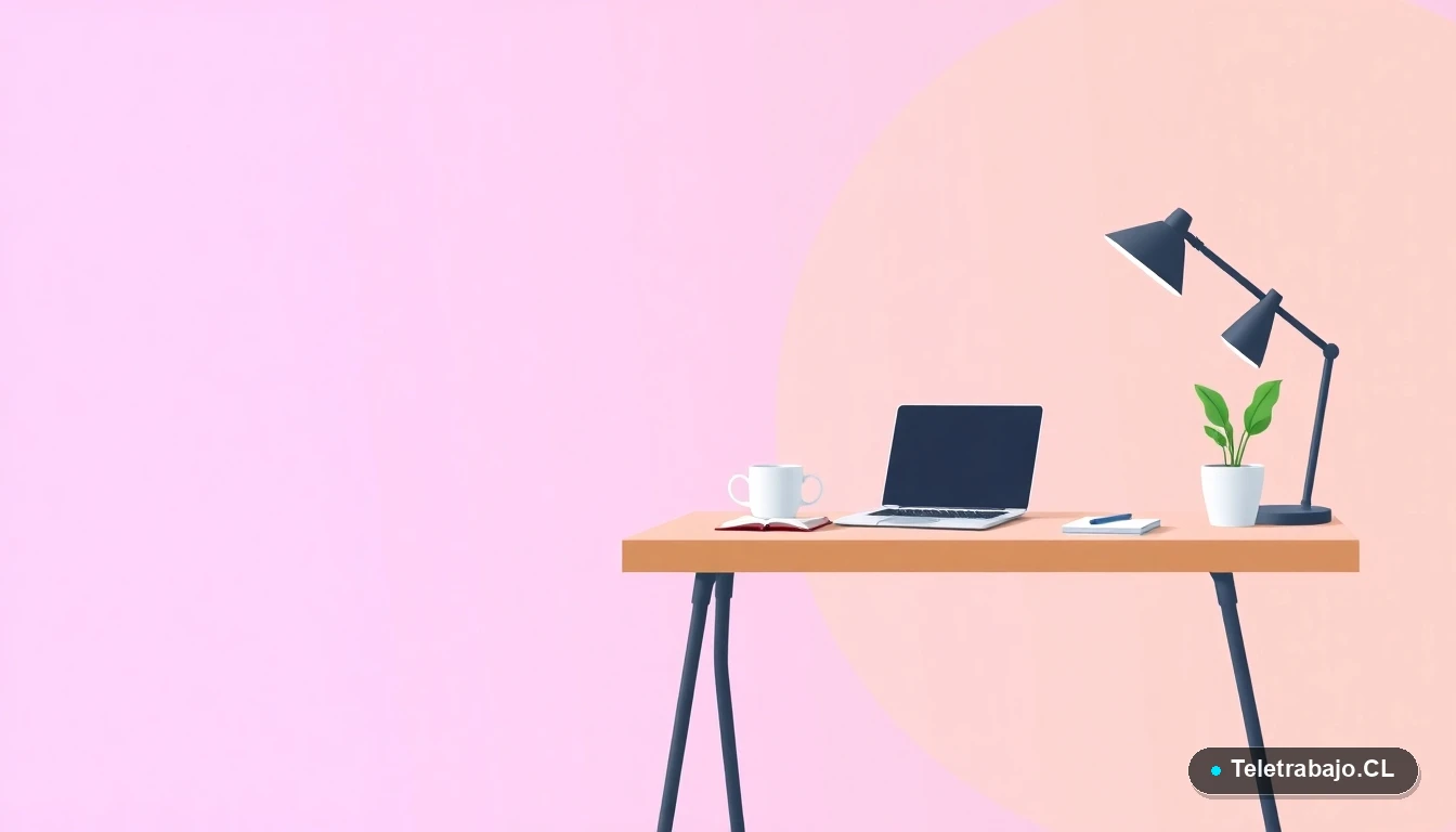 Escritorio moderno minimalista para trabajo remoto, con laptop, taza de café y planta, en estilo de ilustración vectorial plana. Fondo degradado lavanda y durazno.