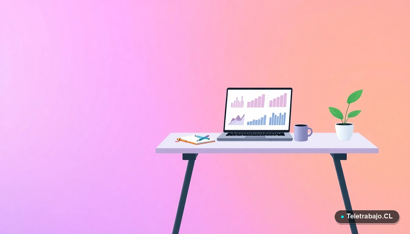 Escritorio moderno minimalista con laptop, gráficos, planta y taza de café sobre fondo degradado lila y durazno, concepto de proyección y planificación.