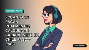 Ilustración plana de mujer profesional chilena sonriendo, con fondo degradado azul verdoso, para calcular salario líquido.