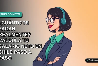 Ilustración plana de mujer profesional chilena sonriendo, con fondo degradado azul verdoso, para calcular salario líquido.