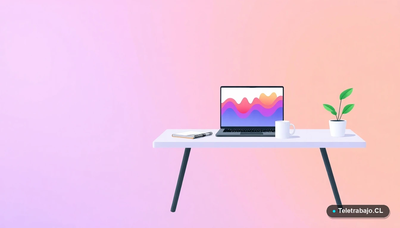 Escritorio moderno minimalista con laptop, gráficos, planta y taza de café, ilustración plana sobre fondo degradado lila y durazno.