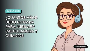 Ilustración plana de una mujer profesional de teletrabajo, con fondo degradado azul verdoso, pensando en su plan de jubilación.