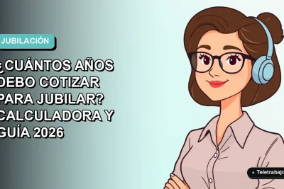 Ilustración plana de una mujer profesional de teletrabajo, con fondo degradado azul verdoso, pensando en su plan de jubilación.