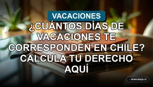 Calculadora de días de vacaciones legales en Chile sobre fondo de oficina corporativa minimalista.