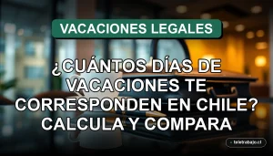 Calculadora de días de vacaciones legales en Chile sobre fondo de oficina corporativa con objetos de lujo.