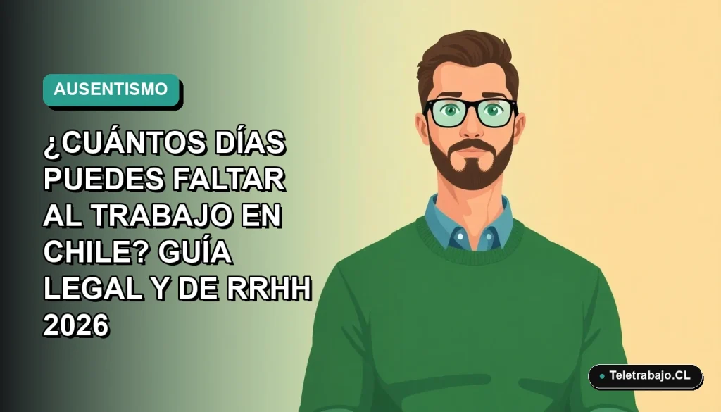 Ilustración vectorial plana de un trabajador masculino con suéter verde, sobre un fondo degradado azul y verde, representando las normas laborales chilenas sobre faltas al trabajo.