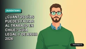 Ilustración vectorial plana de un trabajador masculino con suéter verde, sobre un fondo degradado azul y verde, representando las normas laborales chilenas sobre faltas al trabajo.