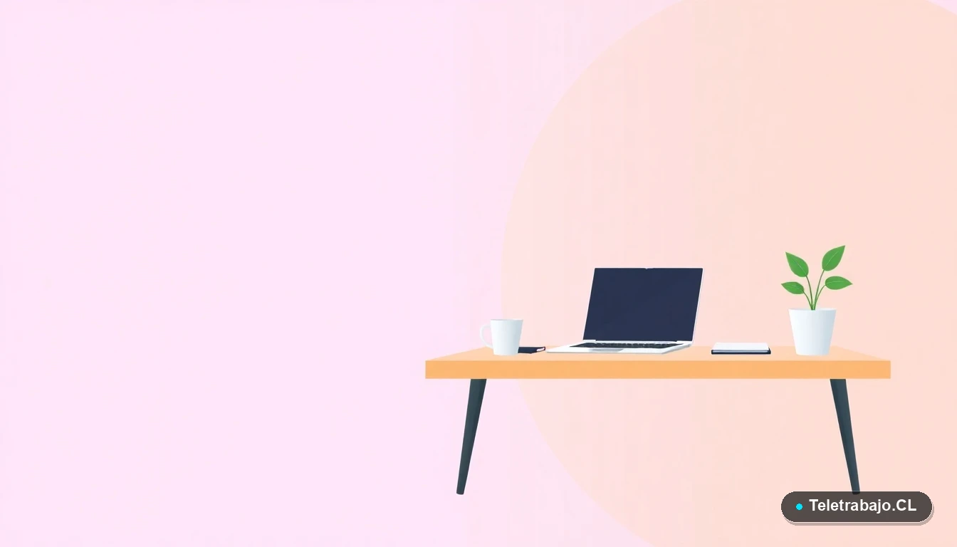 Escritorio moderno minimalista para teletrabajo con laptop, cuaderno, taza de café y una planta, sobre fondo degradado lavanda. Concepto de espacio de trabajo legal y organizado.