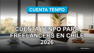 Cuenta bancaria digital Tenpo para trabajadores freelance en Chile 2026, en un home office moderno y luminoso.