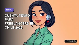 Ilustración plana de mujer freelancer chilena con laptop, fondo gradiente azul y morado, estilo corporativo moderno.