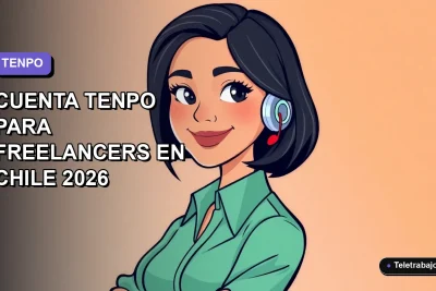 Ilustración plana de mujer freelancer chilena con laptop, fondo gradiente azul y morado, estilo corporativo moderno.