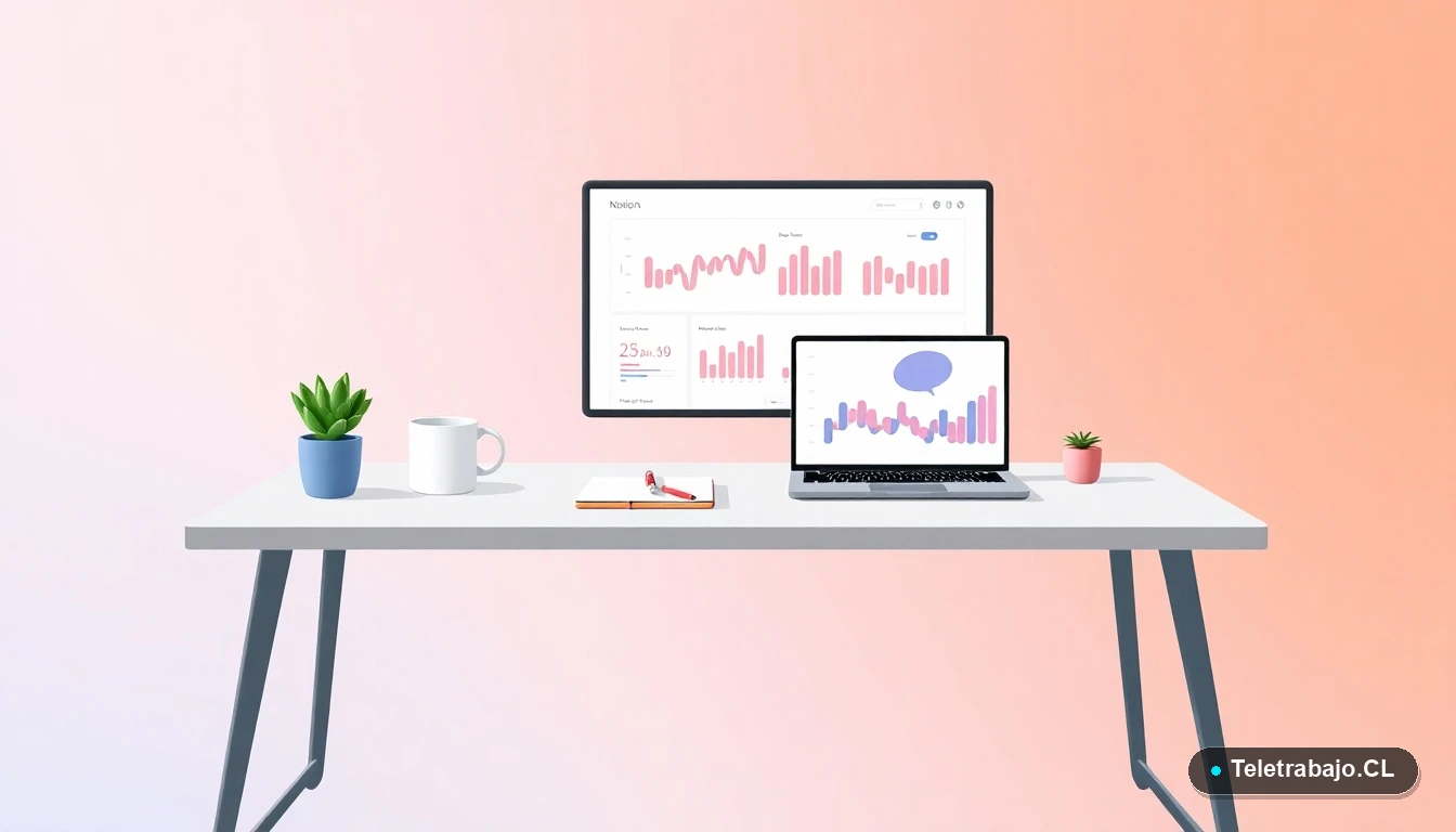 Escritorio moderno minimalista para freelancer con laptop, taza de café y planta, fondo gradiente de colores menta y verde azulado.