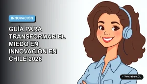 Ilustración vectorial plana de mujer profesional chilena con blusa azul, sonriendo, sobre fondo degradado azul pastel. Concepto de innovación y aprendizaje en el trabajo.