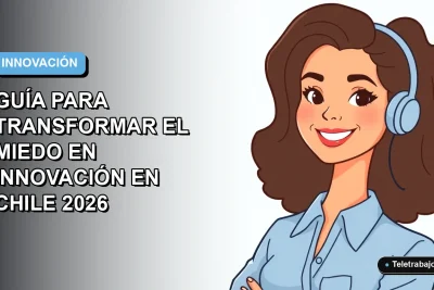 Ilustración vectorial plana de mujer profesional chilena con blusa azul, sonriendo, sobre fondo degradado azul pastel. Concepto de innovación y aprendizaje en el trabajo.