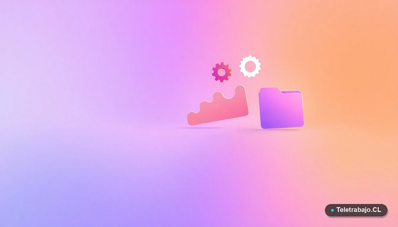 Composición abstracta de interfaz de usuario con gráficos flotantes, un engranaje y una carpeta en colores lavanda y durazno, sobre fondo degradado. Concepto de tecnología y datos.