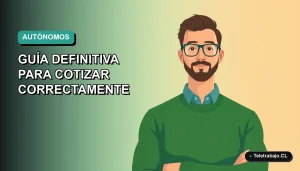 Ilustración plana vectorial de un trabajador autónomo en Chile revisando sus finanzas en una interfaz digital moderna, con fondo degradado azul verdoso.