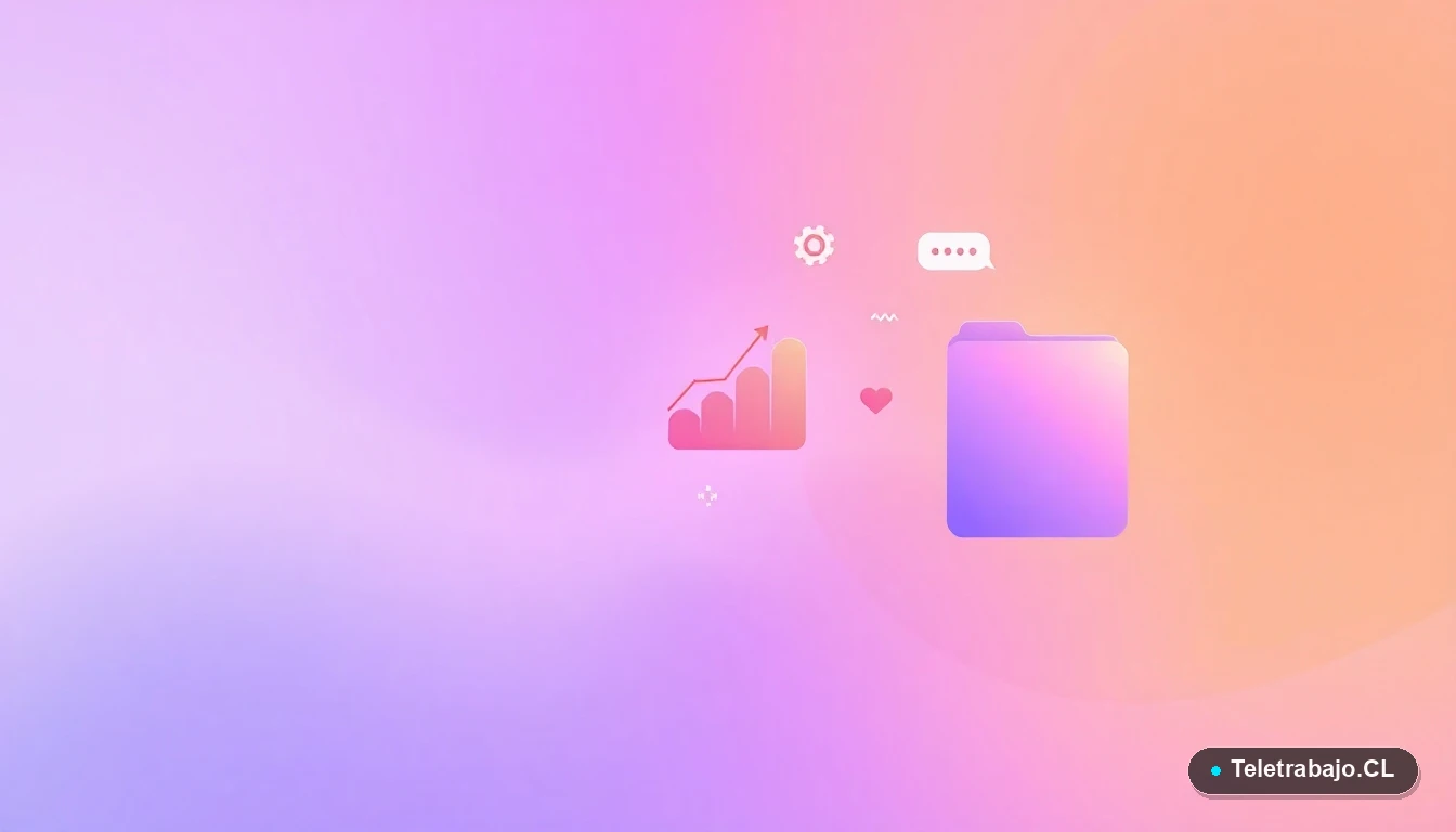Elementos gráficos abstractos de interfaz de usuario: gráficos flotantes, engranajes y carpetas estilizadas en tonos lavanda y durazno, representando la gestión financiera digital para autónomos.