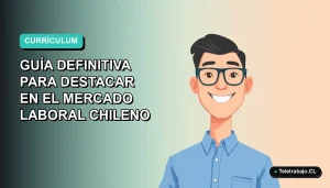 Ilustración plana corporativa de un hombre joven profesional sonriente, con camisa azul y anteojos, sobre fondo degradado azul verdoso. Representa la guía para destacar en el mercado laboral chileno.