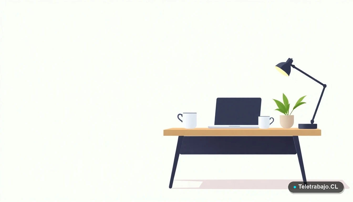 Escritorio moderno minimalista con laptop, planta y taza de café, sobre fondo degradado verde menta. Concepto de espacio de trabajo remoto y profesional para Chile.