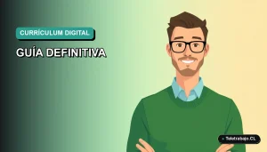 Ilustración plana corporativa de un trabajador remoto masculino con suéter verde, sobre fondo degradado azul verdoso. Espacio negativo a la izquierda.