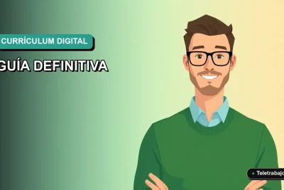 Ilustración plana corporativa de un trabajador remoto masculino con suéter verde, sobre fondo degradado azul verdoso. Espacio negativo a la izquierda.