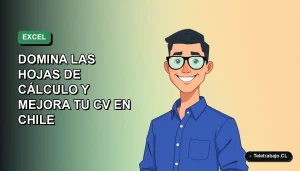 Ilustración vectorial plana de un trabajador masculino sonriente con camisa azul y anteojos, sobre fondo degradado verde agua. Curso de Excel gratis con certificado 2026 en Chile.