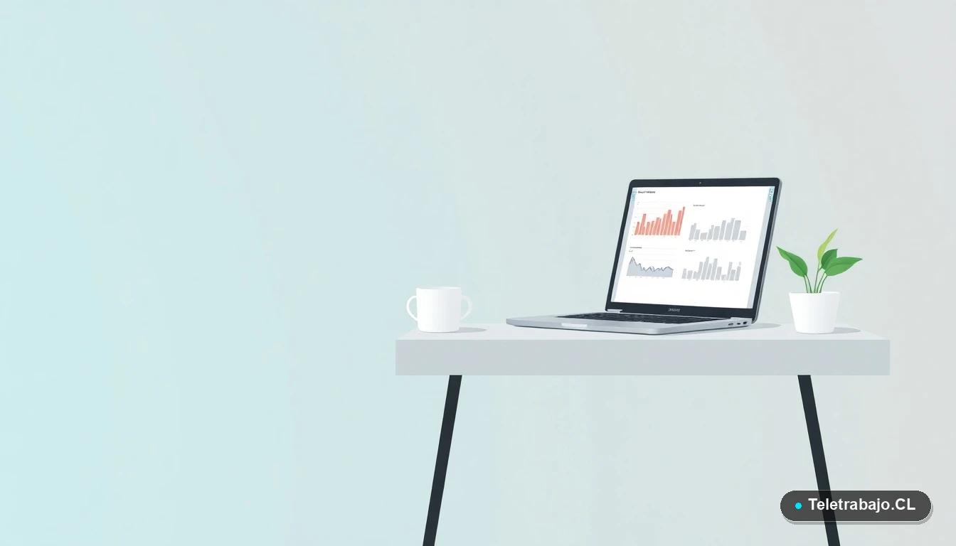 Ilustración de un escritorio moderno con laptop, gráficos de Excel, una taza de café y una planta, sobre fondo degradado azul verdoso. Representación de productividad y aprendizaje de herramientas de oficina.