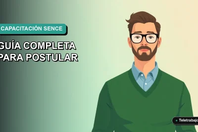 Ilustración plana vectorial de un hombre con suéter verde, representando un trabajador capacitándose para el curso de Guardia de Seguridad SENCE 2026, sobre fondo degradado azul verdoso.